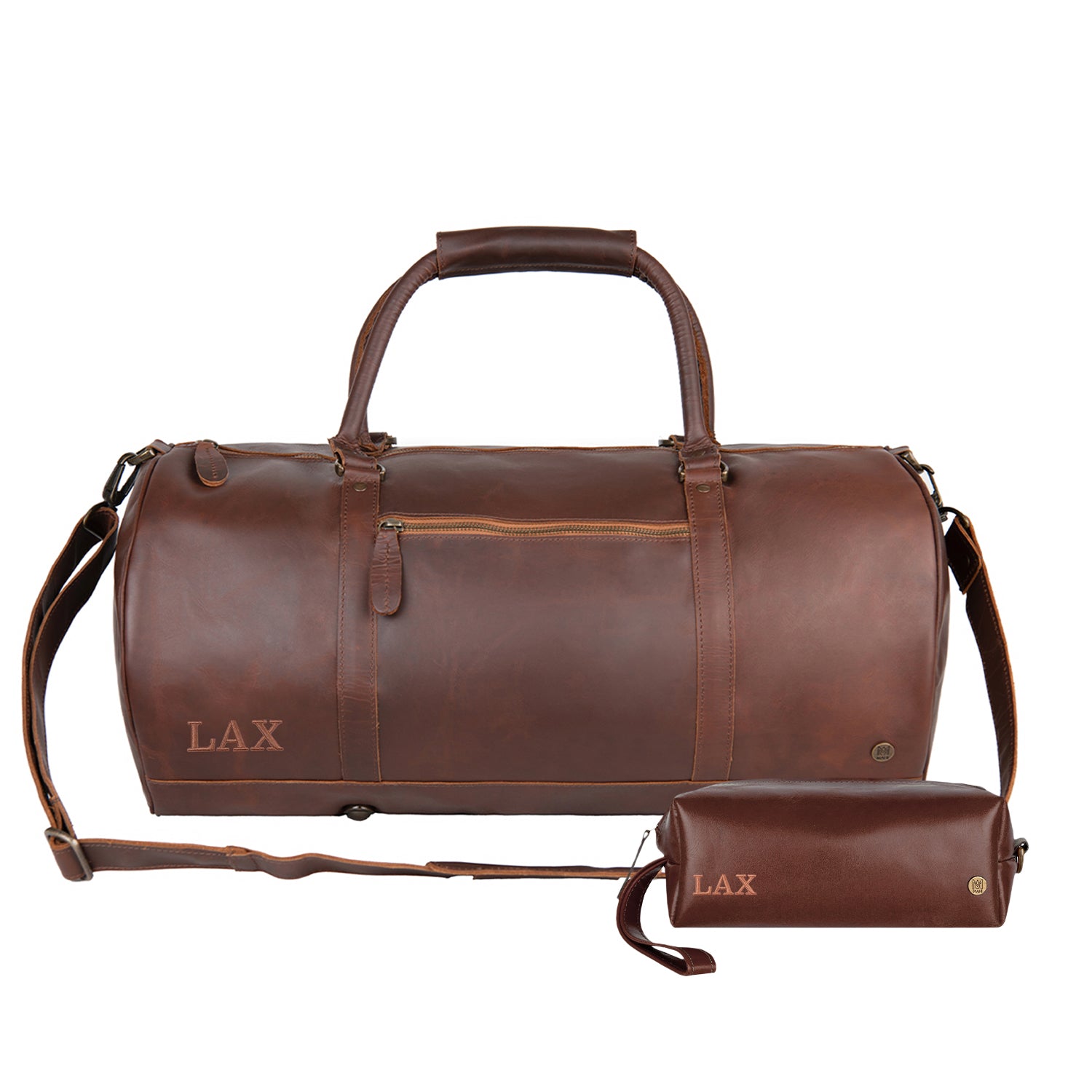 Personalized Brown Leather Duffle & Wash Bag Gift Set – MAHI Leather