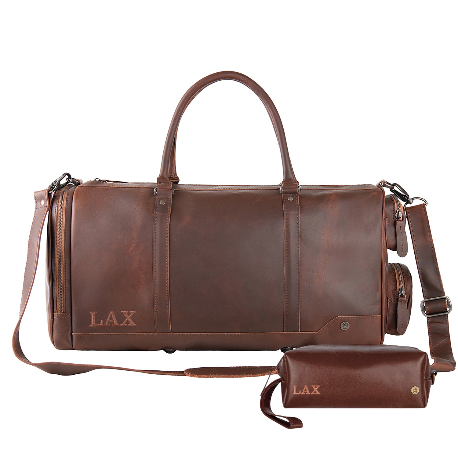 Personalized Brown Leather Duffle & Wash Bag Gift Set – MAHI Leather