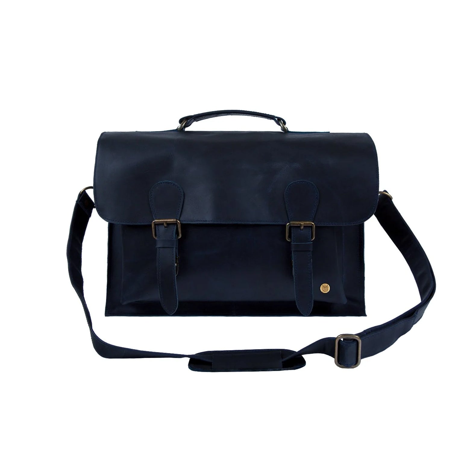 Navy Full Grain Leather Messenger Satchel with 15