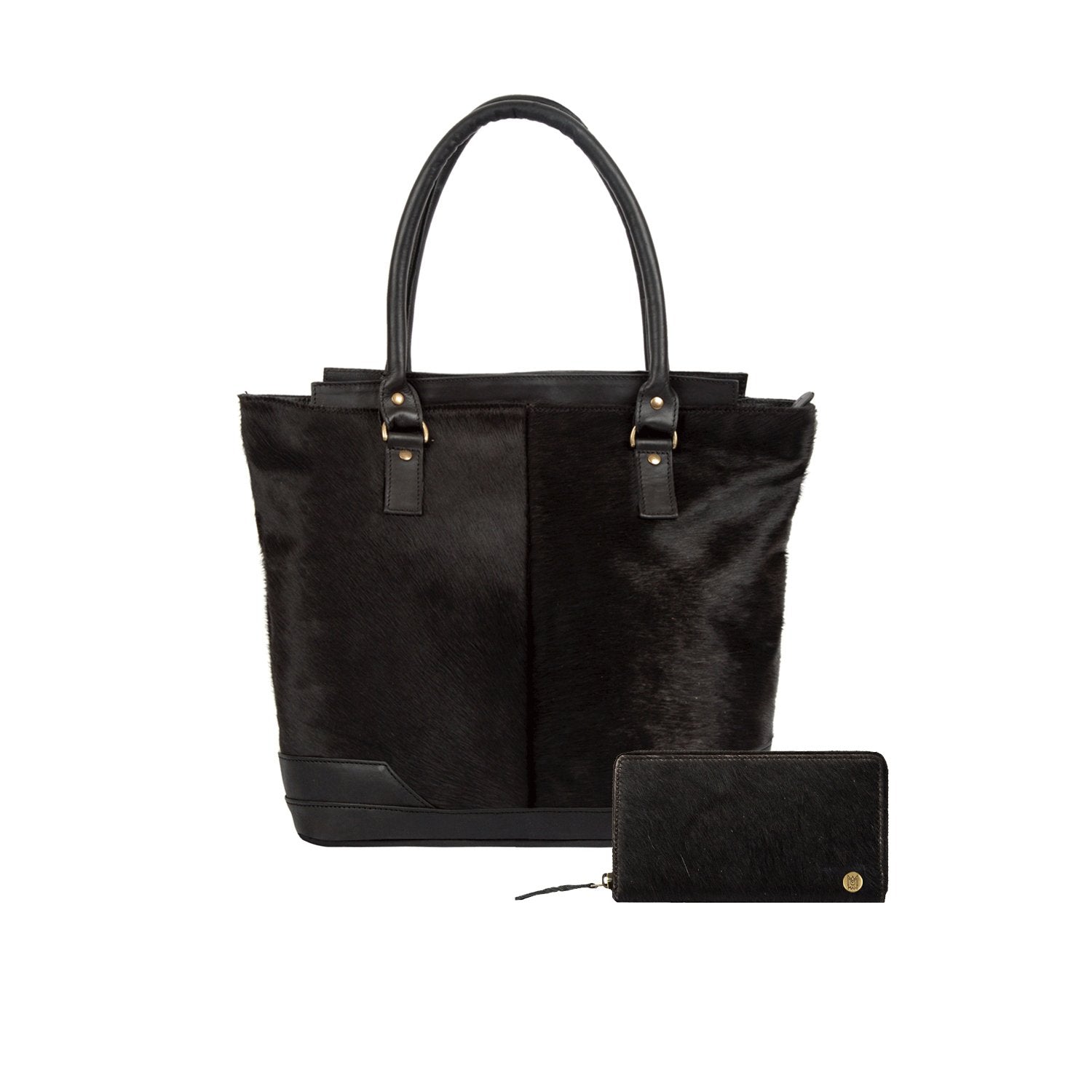 Black Pony Hair Leather Tote Bag & Purse Gift Set MAHI Leather