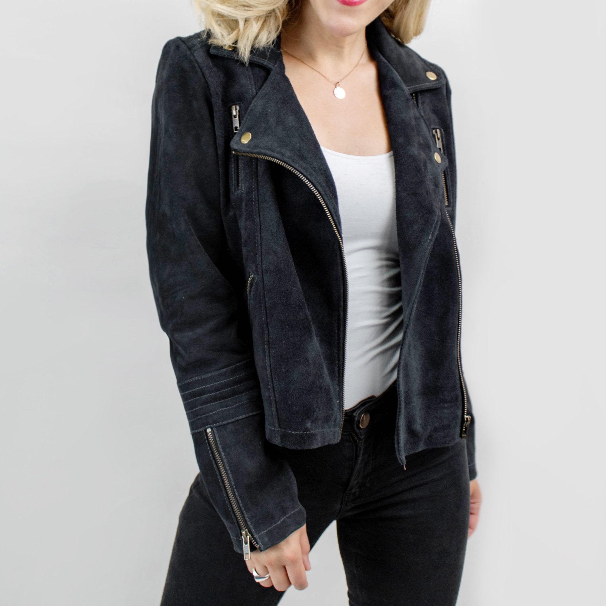 Ladies Suede Biker Jacket | Navy Blue Smoke Suede Jacket – MAHI