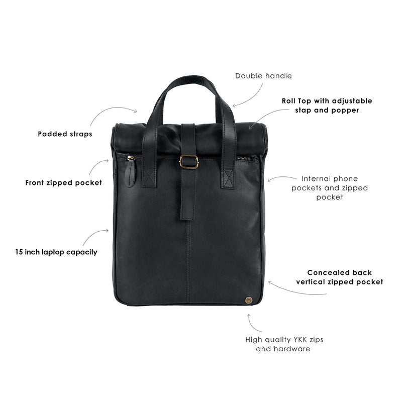 black leather roll down backpack Leather Roll Top Backpack | 15" Laptop Backpack | Leather Backpack For Men