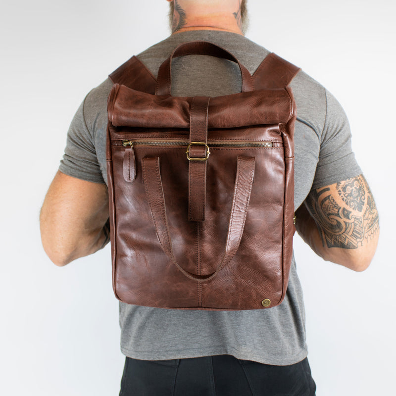 backpack leather unisex roll brand Leather Roll Top Backpack | 15" Laptop Backpack | Leather Backpack For Men
