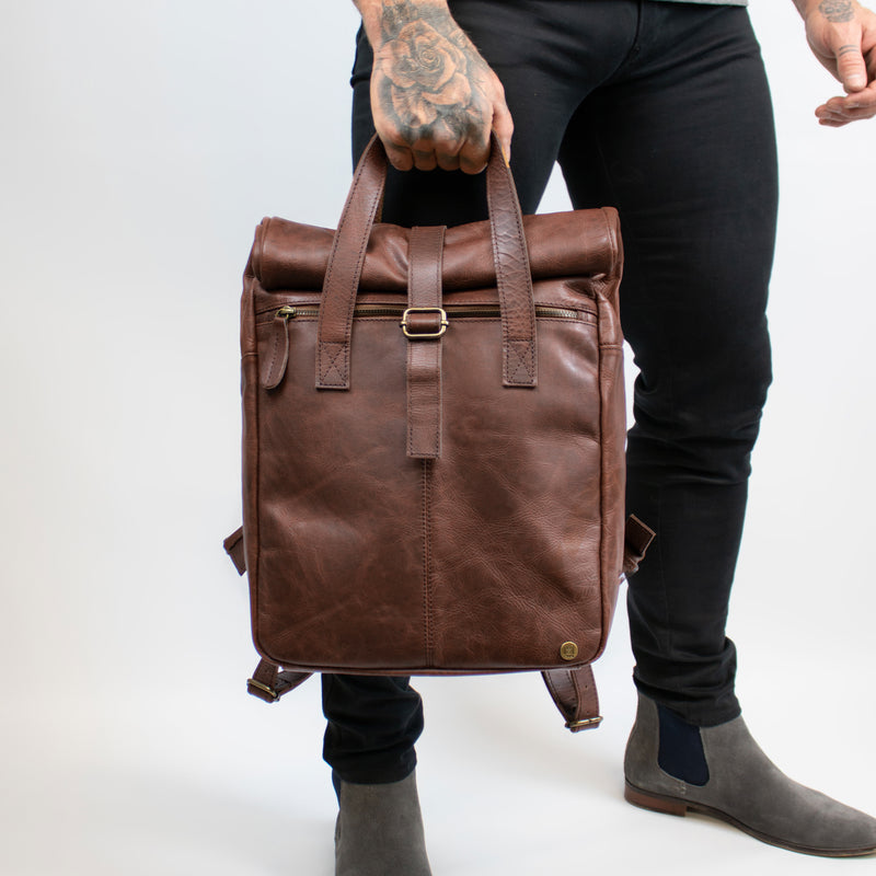 brown leather backpack outfit men Men's Full-Grain Leather,Brown Handmade Drawstring Rucksack Handcrafted mens convertible backpack in full Leather Roll Top Backpack |
