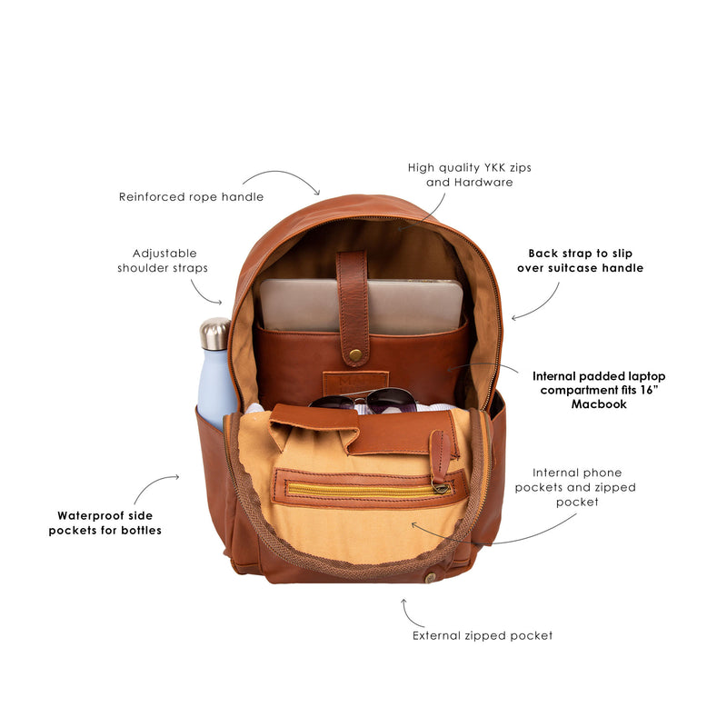 backpack with external laptop pocket Leather Backpack For Men | 16" Laptop Backpack | Leather Backpack For Women | Brown Leather College Backpack