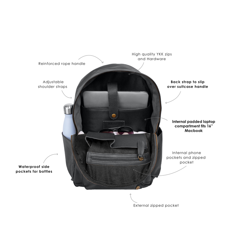 black backpack with zippered main compartment with padded laptop sleeve Leather Backpack For Men | 16" Laptop Backpack | Leather Backpack For Women | Black Leather College Backpack
