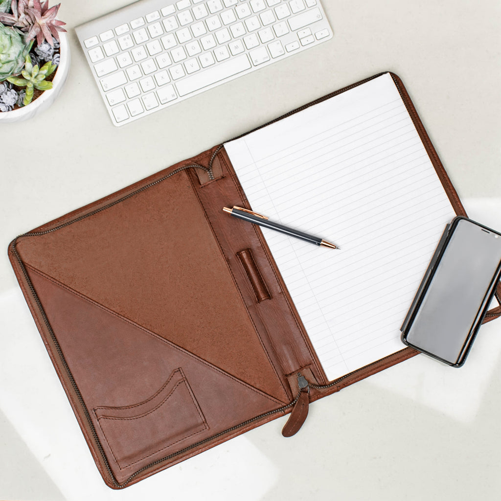 Panda Moon Leather Portfolio Folder - A4 Size Padfolio With Clipboard & Card Holders