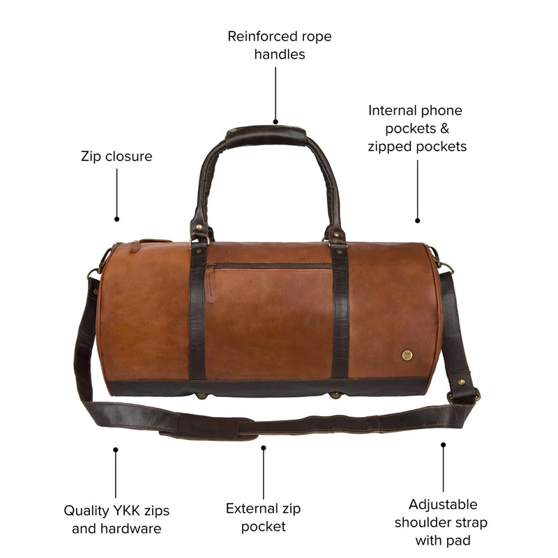 Brown Leather Duffle with Mahogany Details