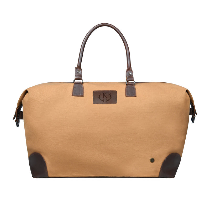Navy Blue Canvas Travel Bag with Brown Leather Accents