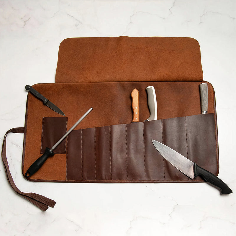 Personalised Brown Leather Knife Roll for Chef - Unique Knife