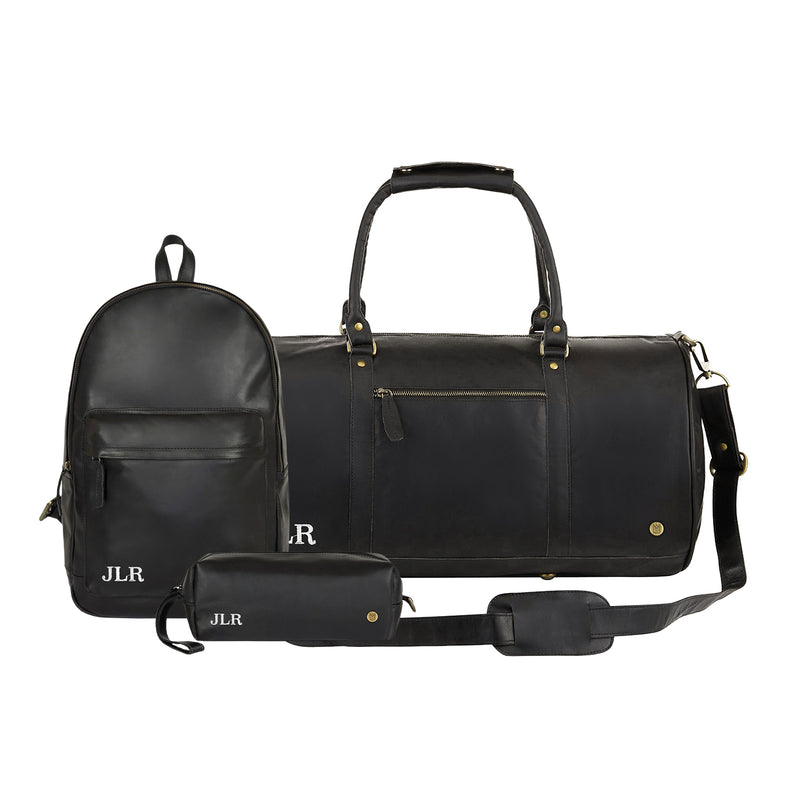 Black Leather Duffle, Backpack & Wash Bag Gift Set- Perfect Gift for Him, No Personalization