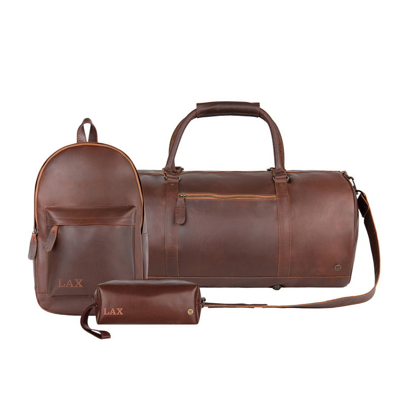 brown leather backpack duffle bag Tumbled 2 Set (Commuter and Bag) multiple days of clothing Go Forth Goods William Leather