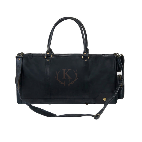 Laser Personalized Black Leather Overnight Bag