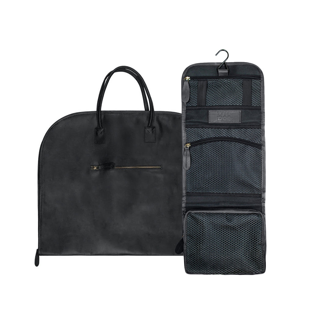 bag for men travel Classic Black Leather Suit Carrier & Hanging Wash Bag Gift Set For Travel – MAHI Leather