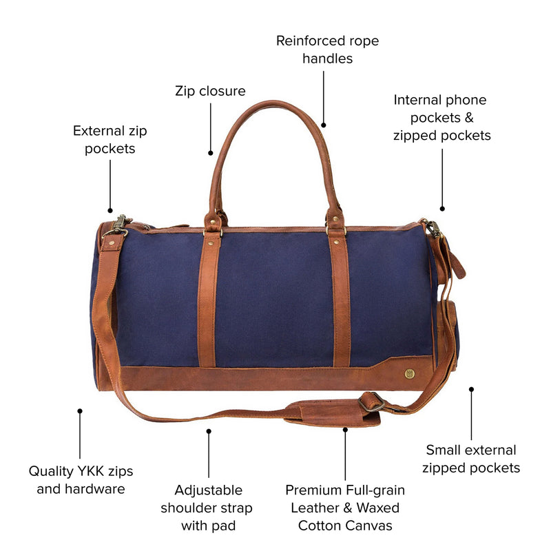 Navy Blue Canvas Holdall | Overnight Bag for Him, Weekends Away