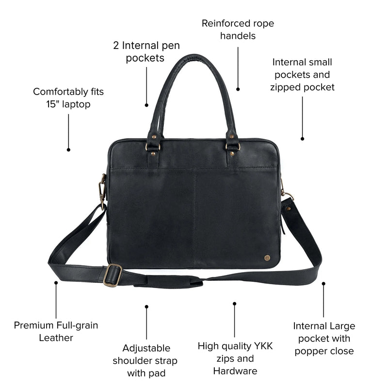 Black Leather Briefcase | Leather Messenger Bag | Leather