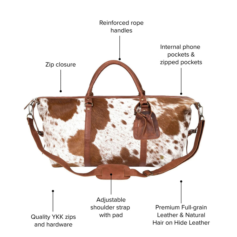 Brown and White Cowhide Bag | Leather Weekender Bag | Leather