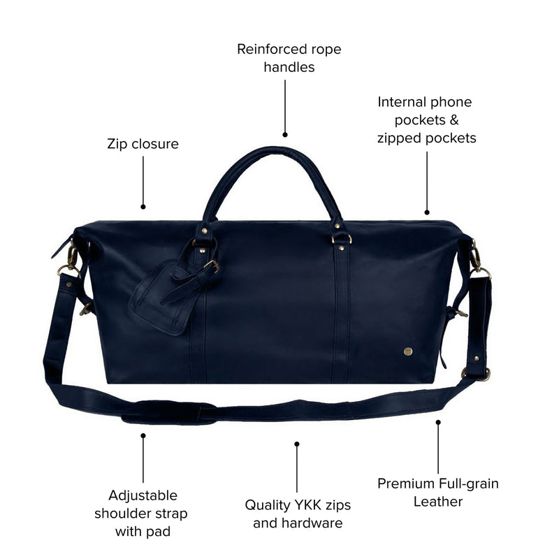 Personalized Large Full Grain Leather Weekend Bag in Navy Blue