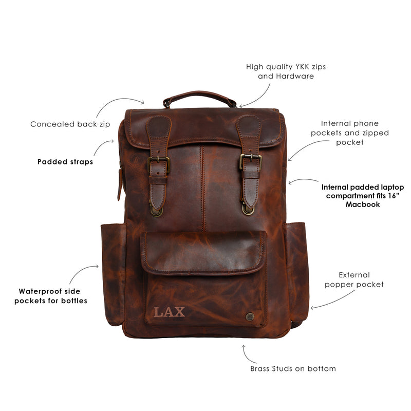 backpack exterior laptop pocket Leather Backpack For Men | 16" Laptop Backpack | Brown Leather College Backpack