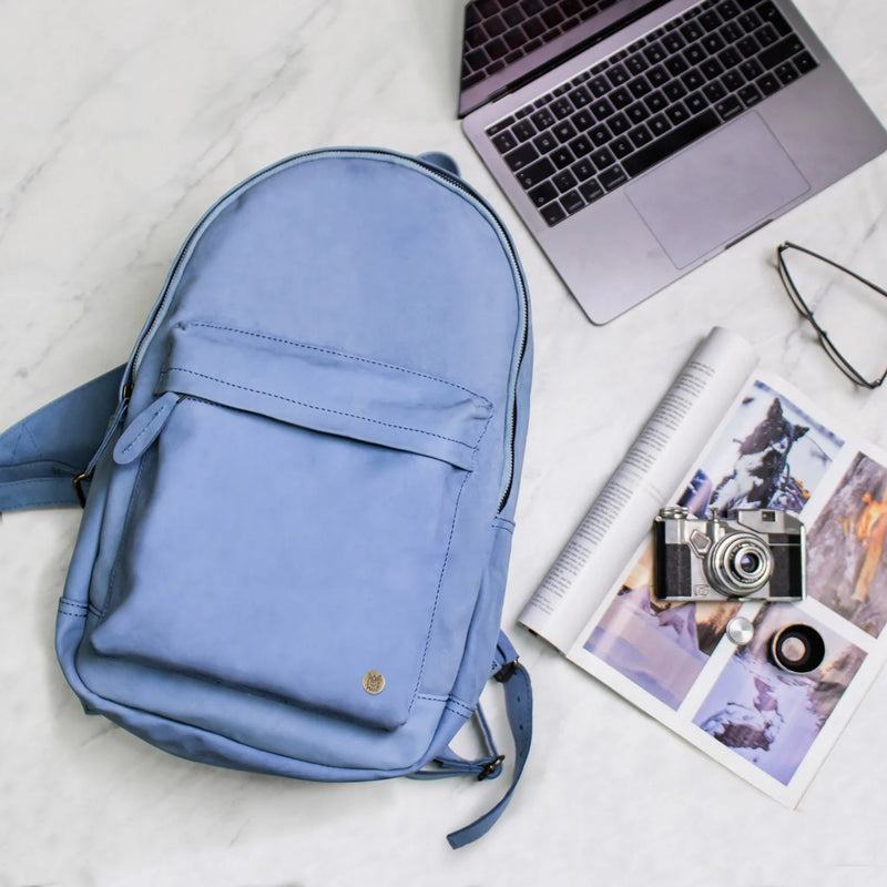 blue seve brand leather backpack The Classic Backpack - Blue Suede