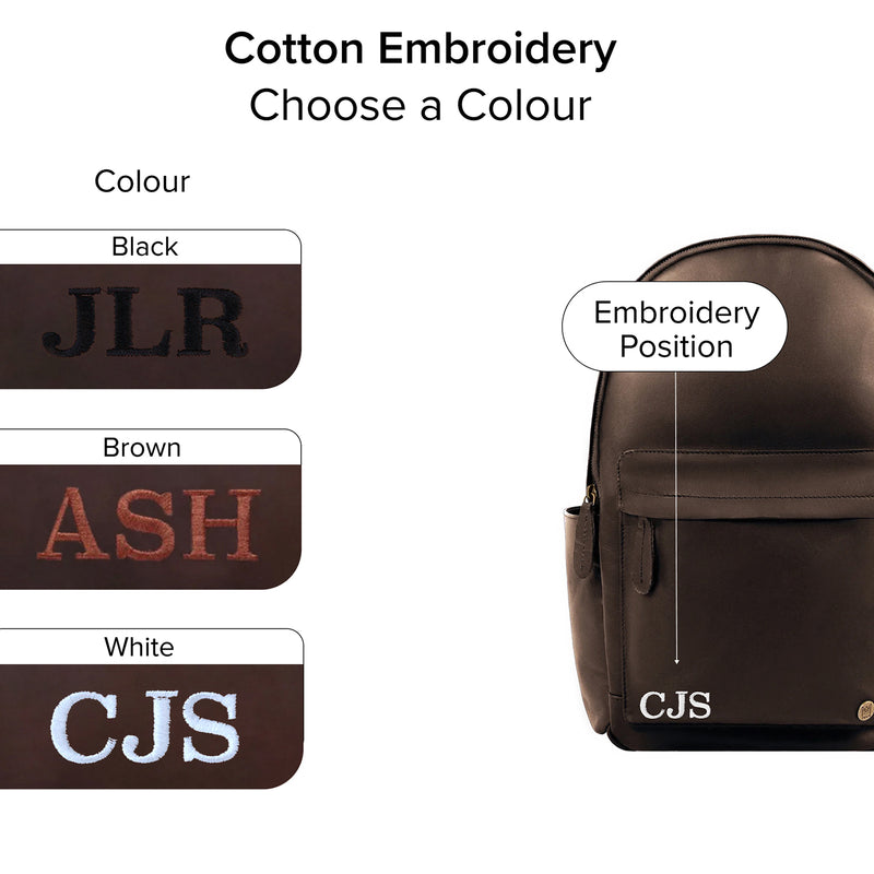 Personalized Dark Brown Leather Backpack with Side Pockets And 13 Inch Laptop Capacity Personalized (White)