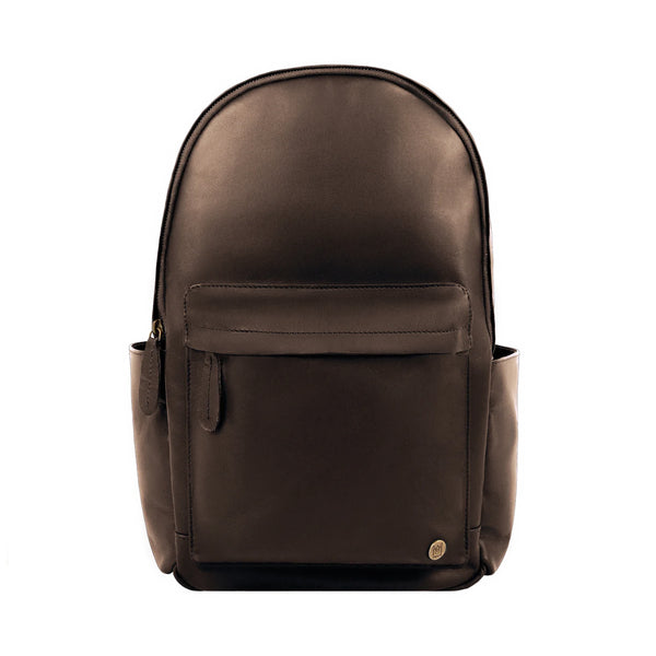 Personalized Dark Brown Leather Backpack with Side Pockets And 13 Inch Laptop Capacity, Not Personalized