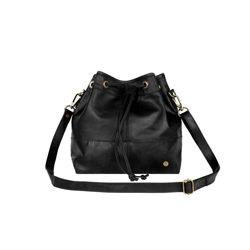 Personalised Black Leather Bucket Bag -Drawstring Tote Bag for