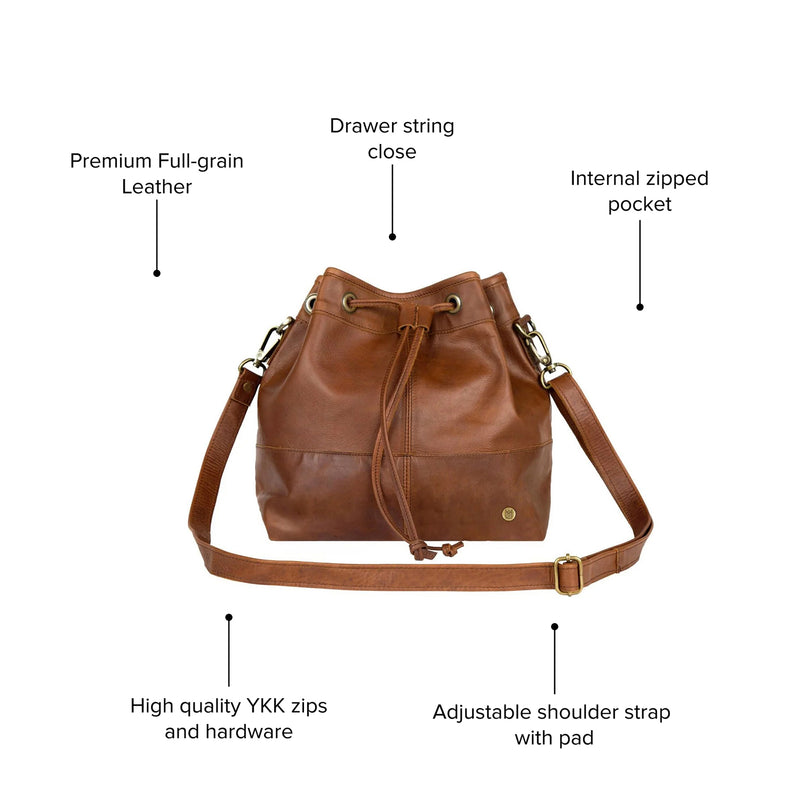 Personalised Brown Leather Bucket Bag -Drawstring Tote Bag for Women Personalized (Cream)