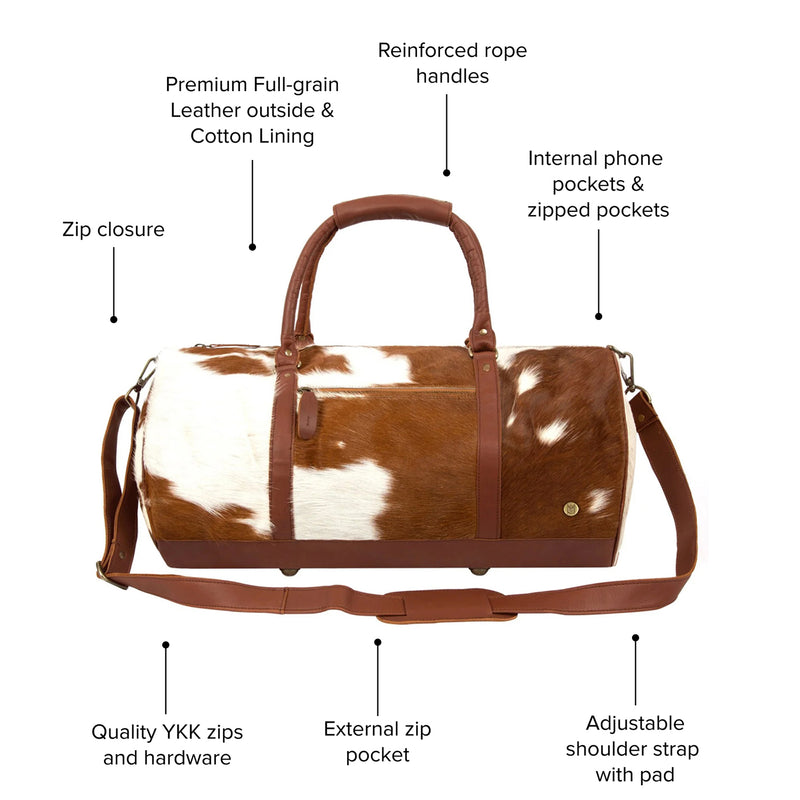 Natural Brown and White Cow Print Leather Cowhide Duffle Bag