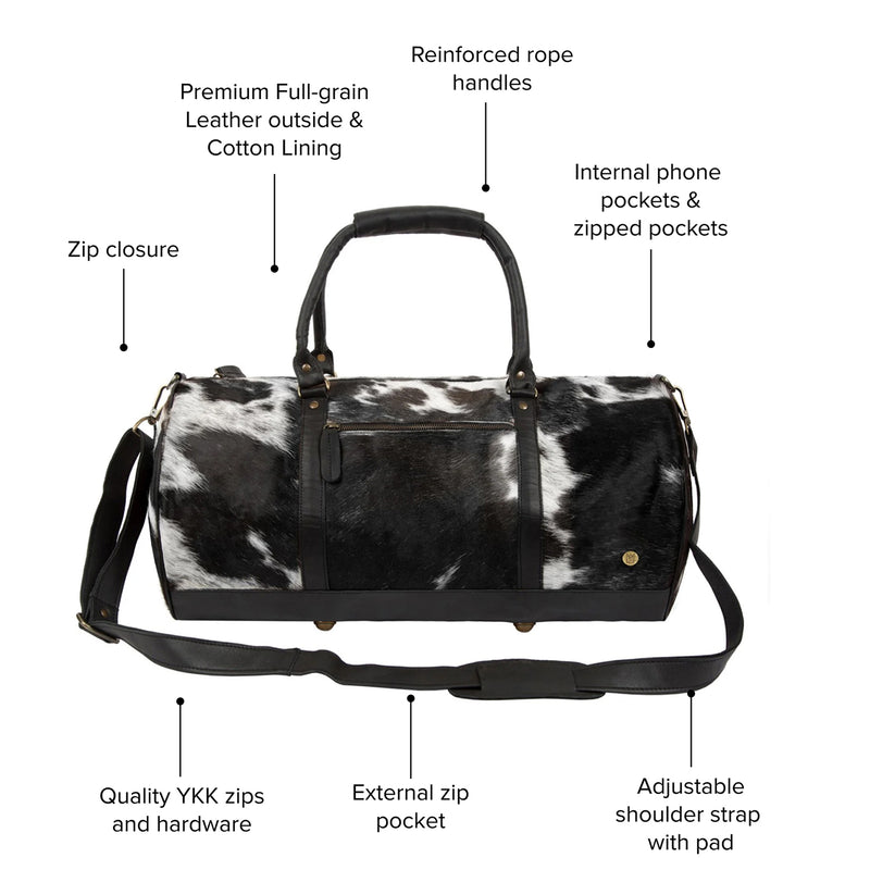 Stylish Black and White Cowhide Duffle- Leather Overnight Bag for