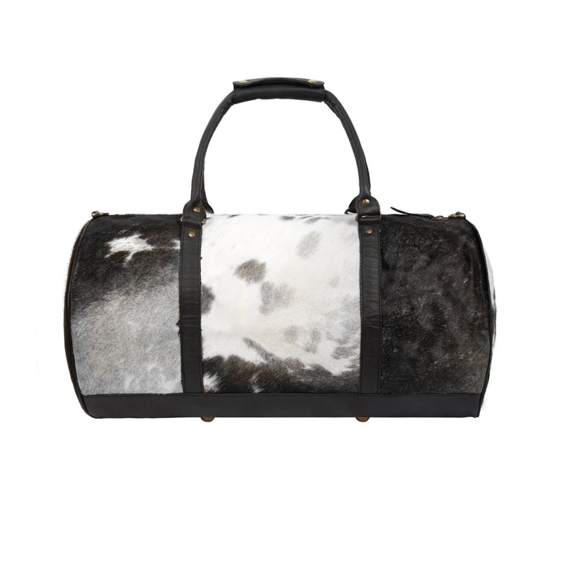 Stylish Black and White Cowhide Duffle- Leather Overnight Bag for