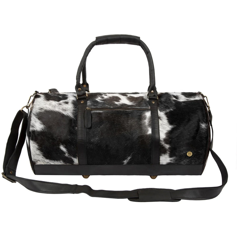 Stylish Black and White Cowhide Duffle- Leather Overnight Bag for