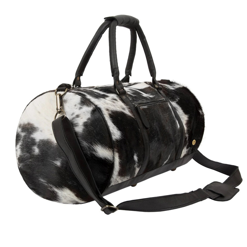 Stylish Black and White Cowhide Duffle- Leather Overnight Bag for