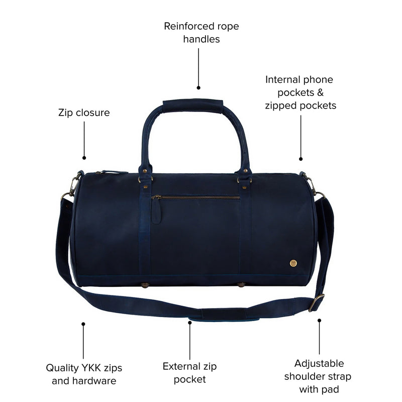 Premium Navy Blue Leather Duffle Bag- Overnight Bag, Travel Bag