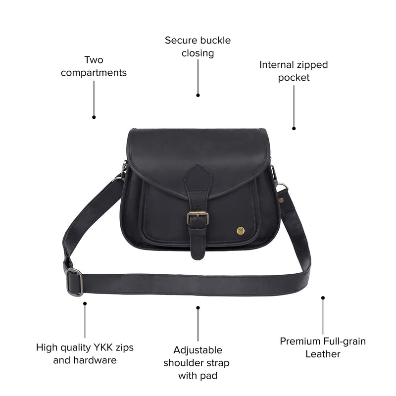 Black Premium Leather Saddle Bag- Womens Bag for Work and Going