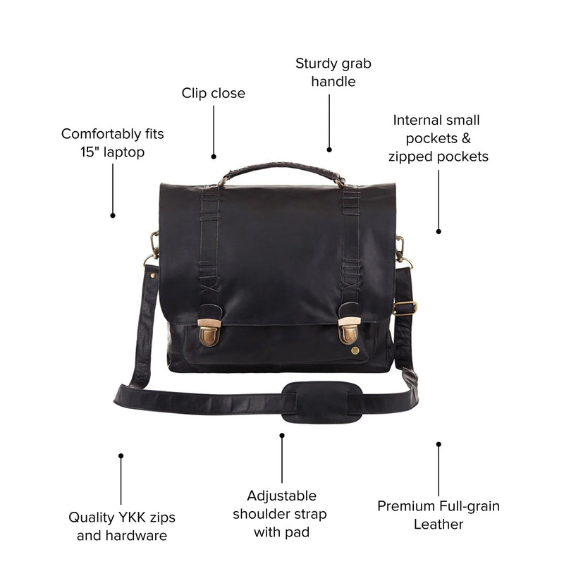 Black Full Grain Leather Satchel with 15