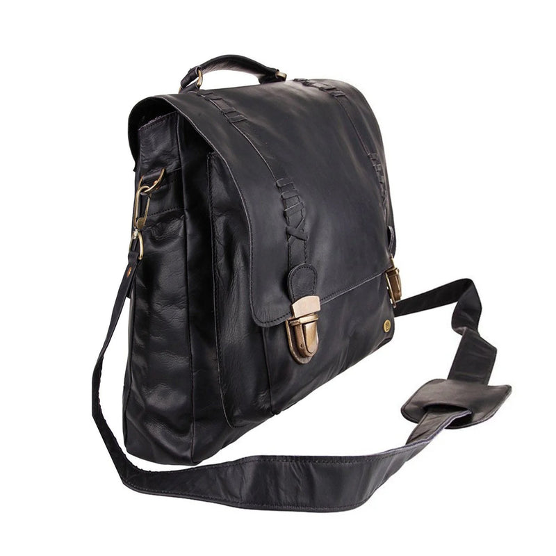 Black Full Grain Leather Satchel with 15