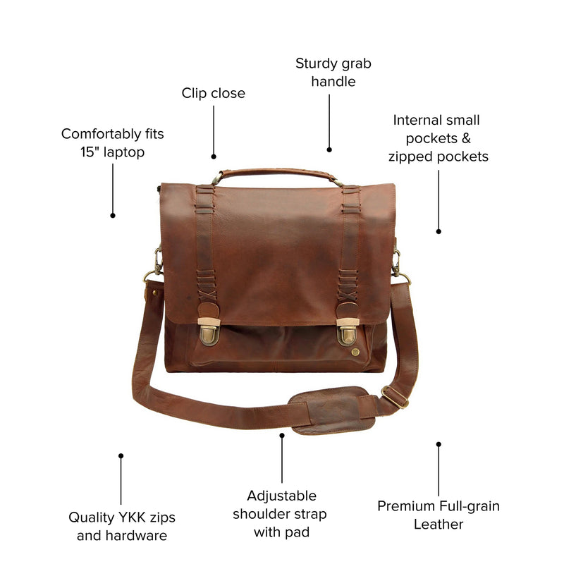 Brown Full Grain Leather Satchel with 15