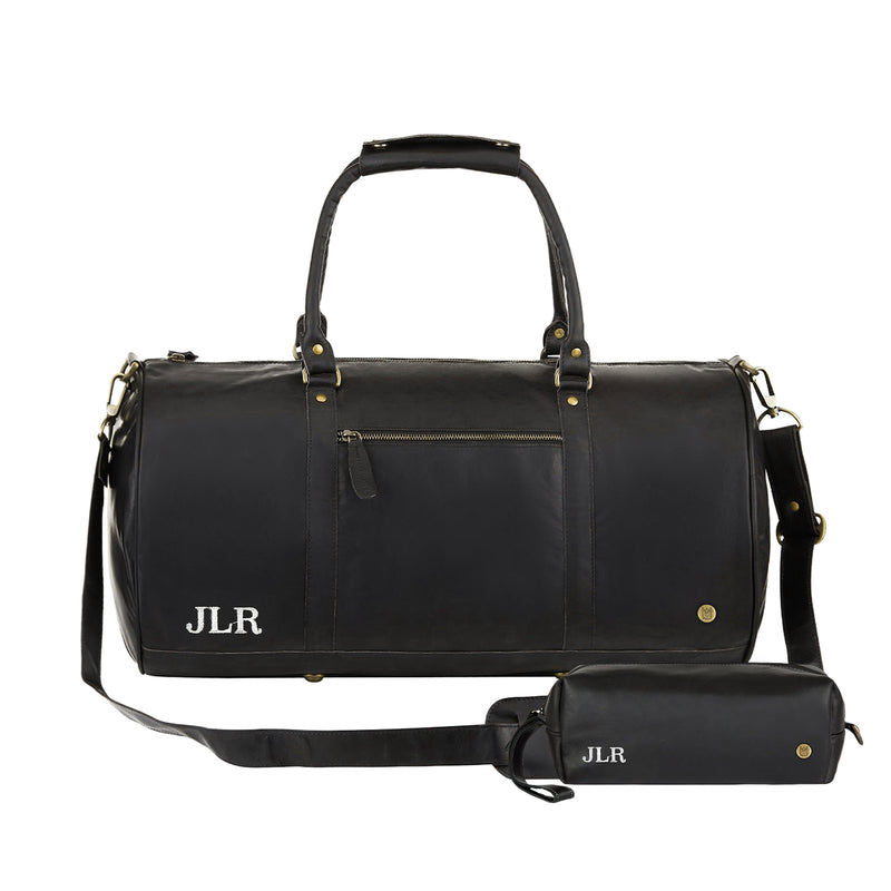 men's / unisex weekender travel bag Black Leather Duffle & Wash Bag Gift Set- Gift Ideas for Husband or Son, Not Personalized