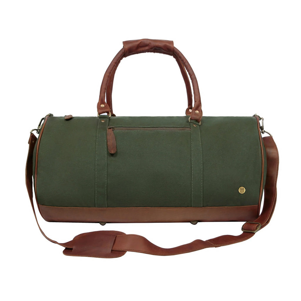 Green Canvas and Brown Leather Gym Bag- Premium Kit Bag for