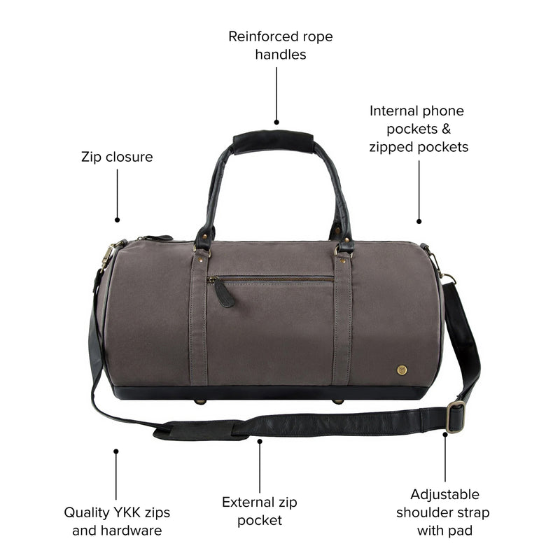 Premium Grey Canvas and Black Leather Duffle Bag - Gym Bag, Kit