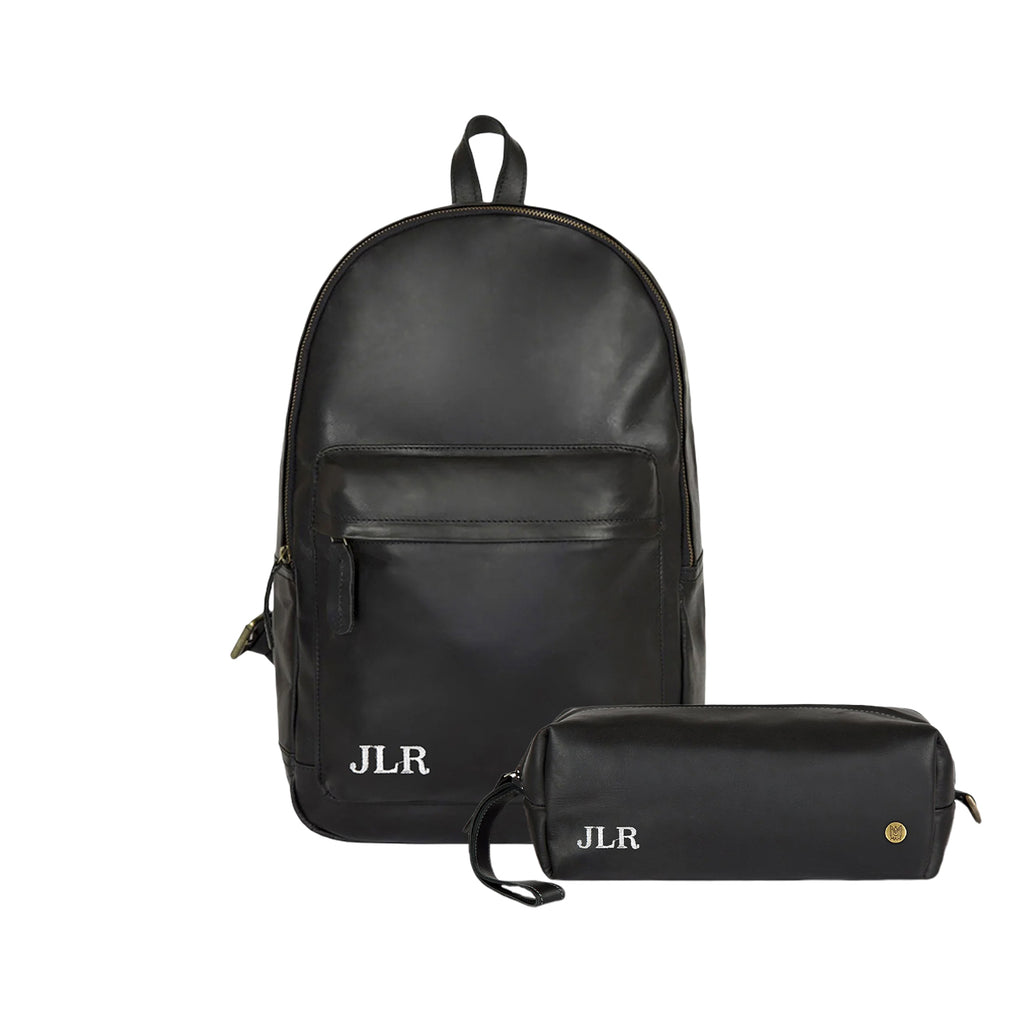 Personalized Black Leather Backpack & Wash Bag Gift Set Personalized (Grey)