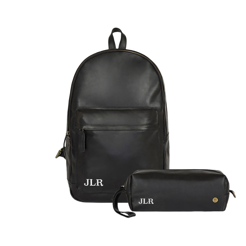 Personalized Black Leather Backpack & Wash Bag Gift Set – MAHI Leather