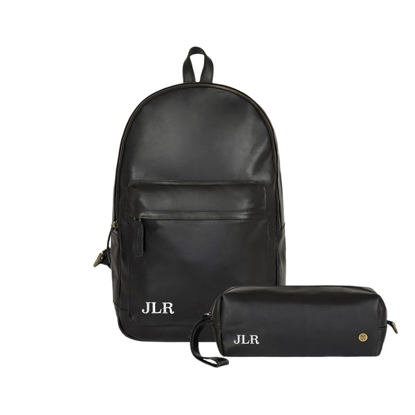 black leather backpack tote Personalized Black Leather Backpack & Wash Bag Gift Set, Not Personalized