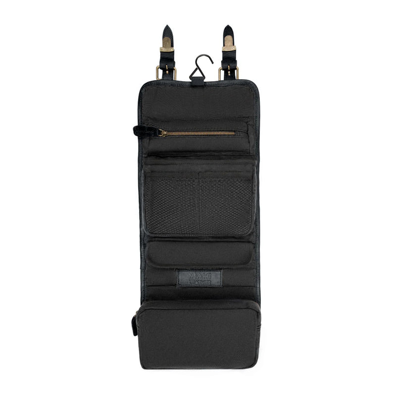 Black Leather Hanging Wash Bag With Buckles