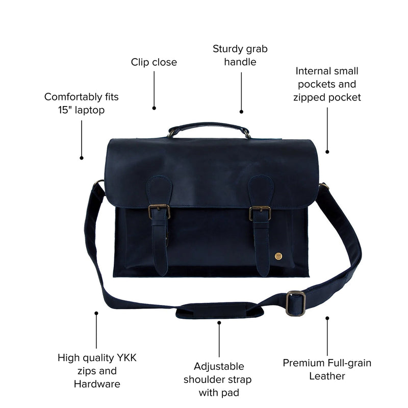 Navy Full Grain Leather Messenger Satchel with 15