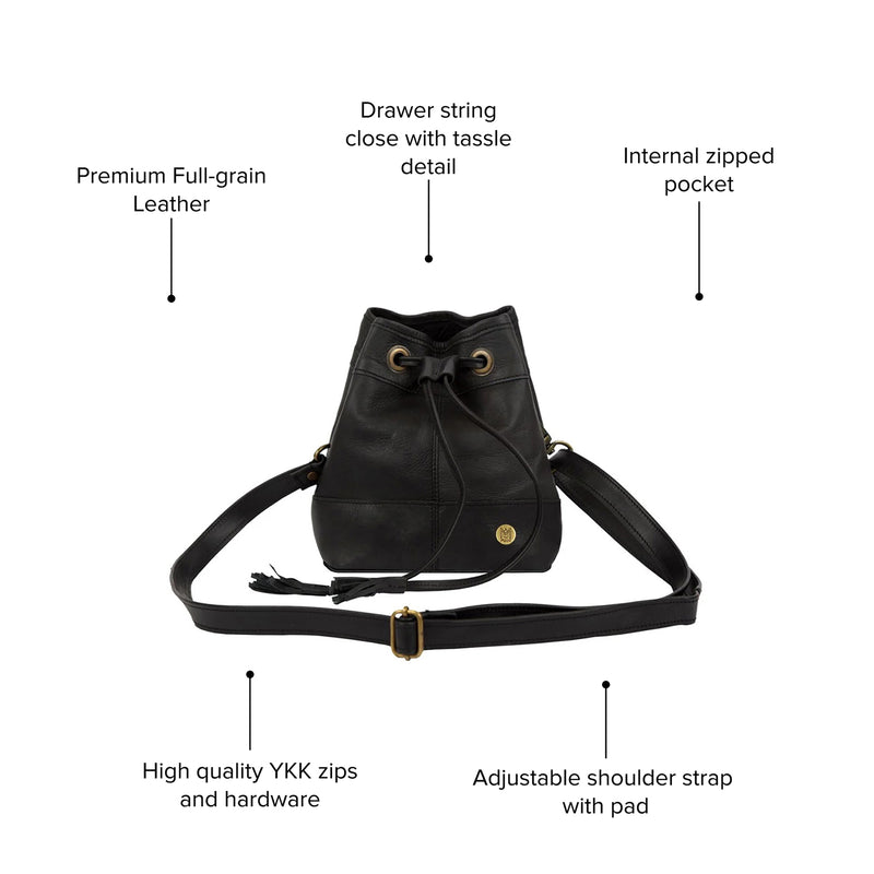 Stylish Mini Black Leather Bucket Bag