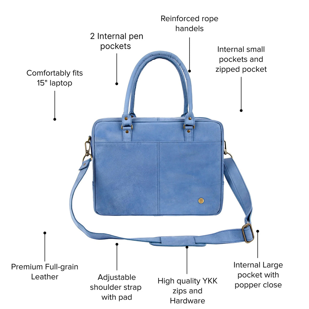 Blue Suede Leather Laptop Bag for Work with 15
