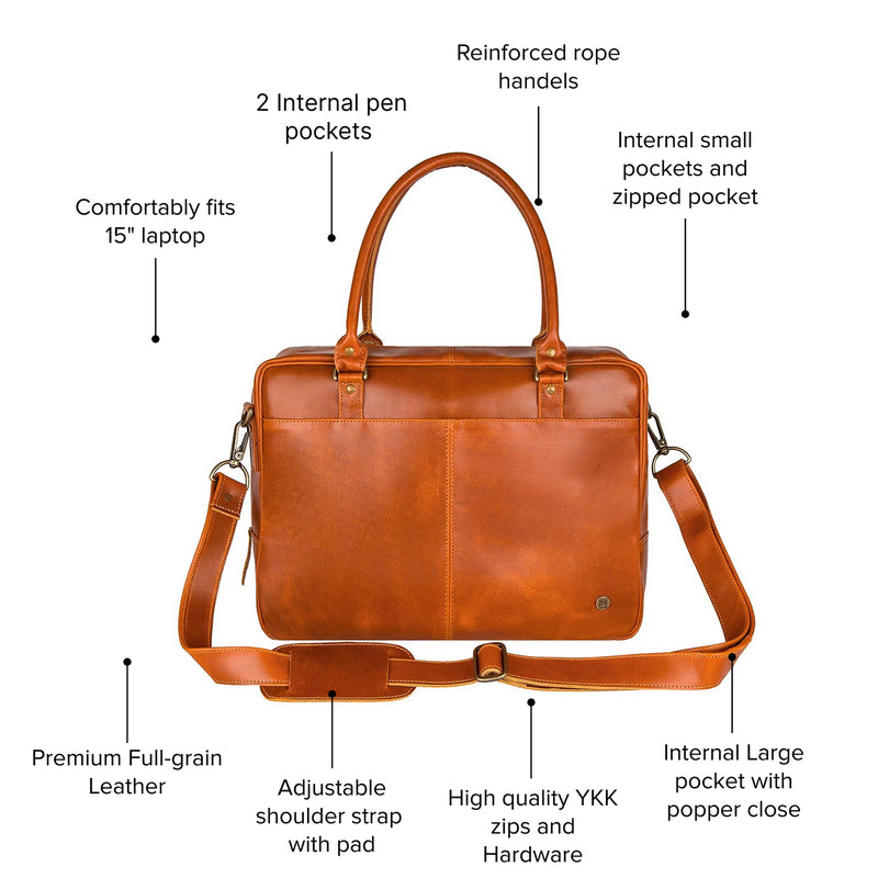Tan Brown Leather Laptop Bag for Professionals and Students 15