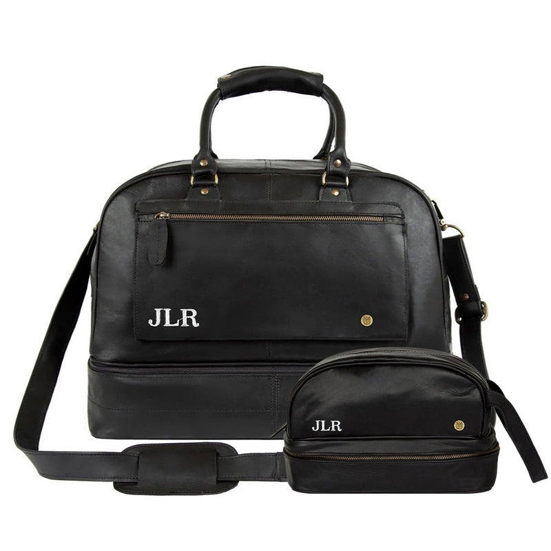 Personalized Black Leather Holdall & Wash Bag Gift Set – MAHI Leather